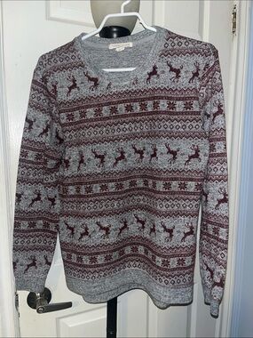 Cozy Grey & Burgundy Reindeer Fair Isle Sweater
